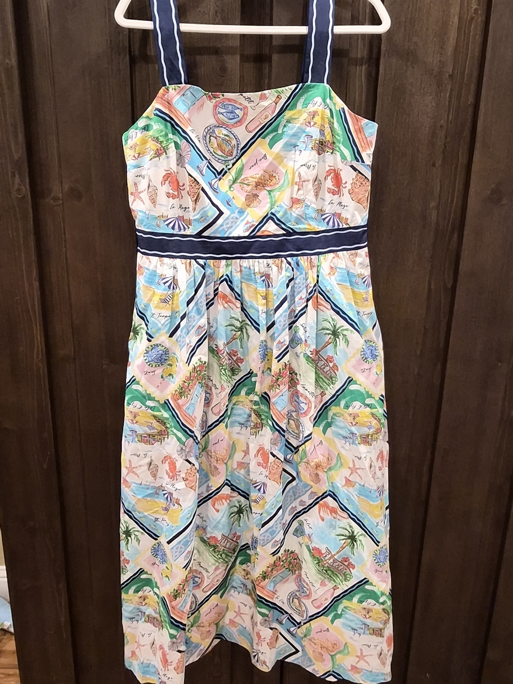 Talbots Multi-Color Patterned Midi Dress with Navy Trim